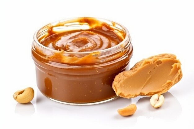 Photo peanut butter spread with peanut and exposed kernel isolated on white ai generated