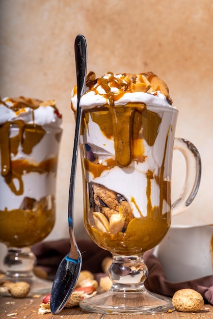 Peanut butter trifle parfait dessert in glass