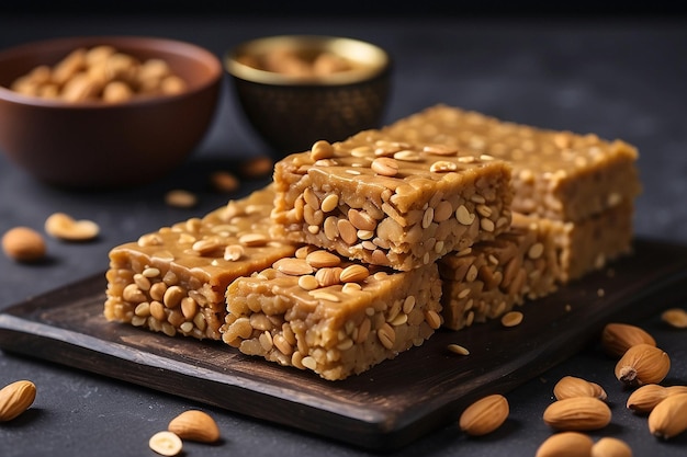 Photo peanut jaggery chikki or bar using groundnut or shengdana with gur