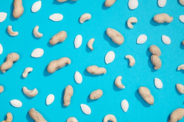 Peanut pumpkin seeds and cashews flat lay