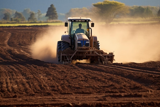 Peanut tractor working on the field in the early morning light Application of manure on arable farmland AI Generated