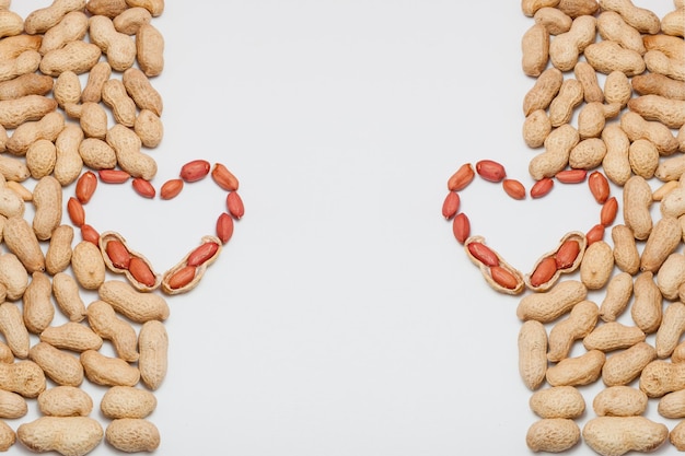 배경 또는 질감에 대한 땅콩 깨끗하지 않은 껍질 땅콩 흰색 배경에 고립 된 땅콩 발렌타인의 날 평면 누워 복사 공간