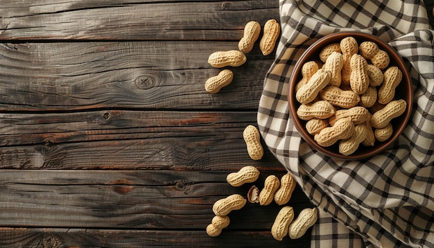 peanuts in a bowl and over the cloth with a wooden background