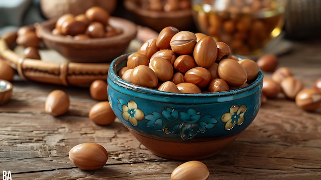 Peanuts in a bowl on a wooden background closeup