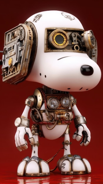 A peanuts character with a steampunk head and a mechanical head.