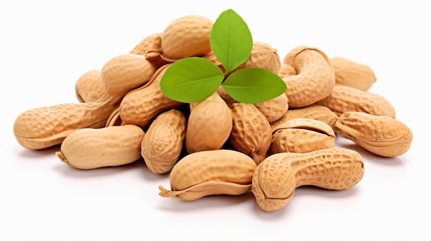 Peanuts heap with leaves and flowers isolated on white background