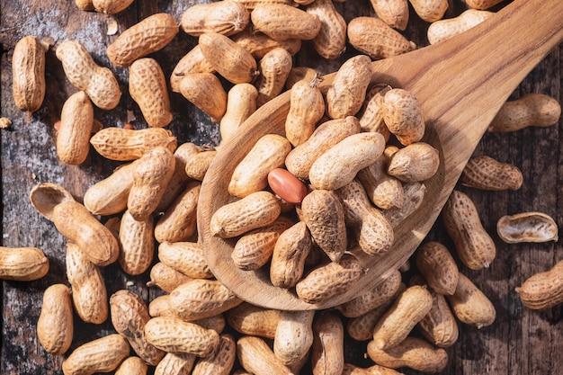 Peanuts in shell On a wooden spoon