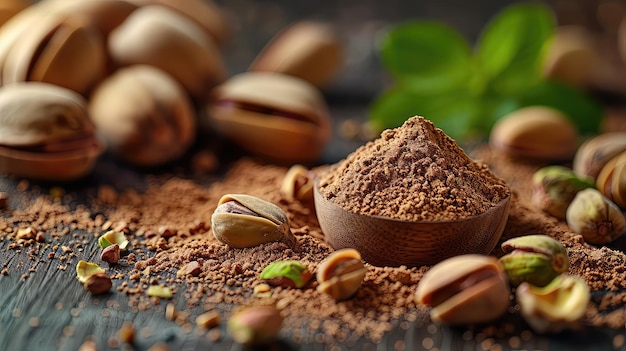 peanuts with leaf in bag on old on wooden table with a blurry garden background