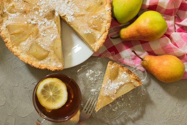 Pear cake. Autumn pear cake. Close-up. Flat lei.