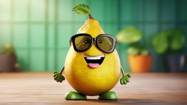 Pear character with glasses on studio background with copy space