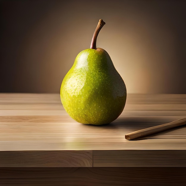 Foto una pera e le bacchette su un tavolo con un cucchiaio di legno