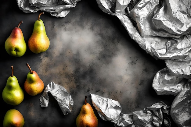 Pear composition flat lay with free space for copy crumpled foil background