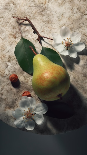 A pear and flowers are on a table.