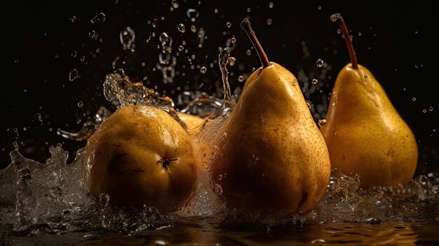 Pear fruits hit by splashes of water with black blur background