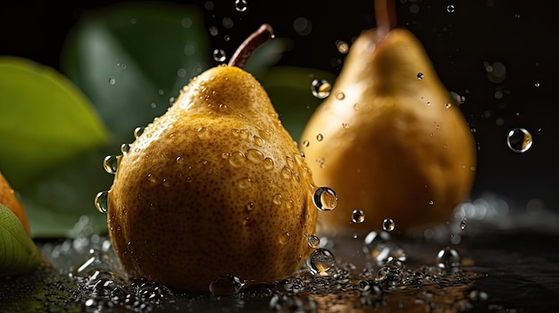 Pear fruits hit by splashes of water with black blur background