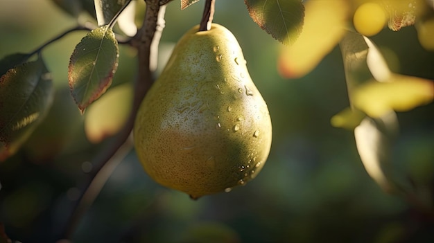 A pear hangs from a branch with water droplets on it.