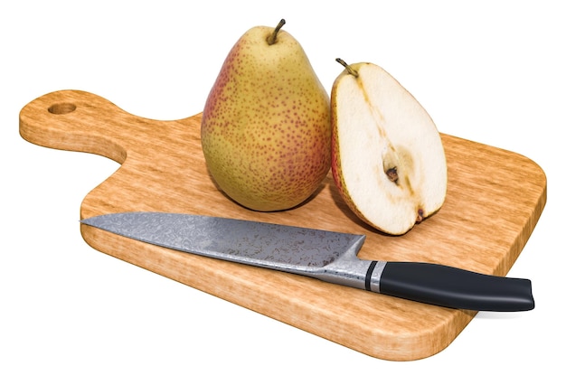 Pear lies on a wooden board next to a knife 3D rendering