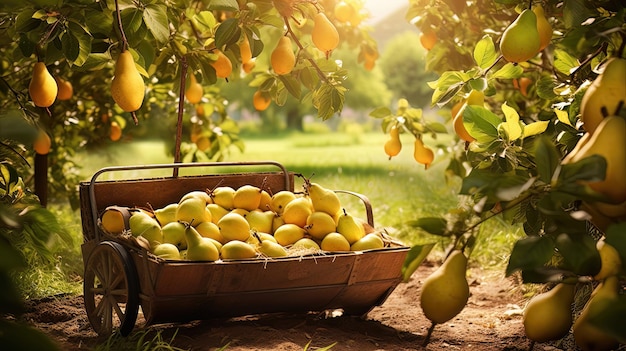 Pear orchard sunny day pear harvest AI generation