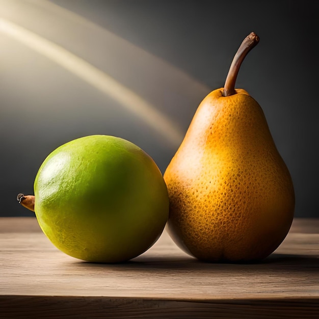 A pear and a pear on a table with the sun behind it