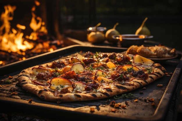 Photo a pear pizza in an autumn picnic with a cozy bonfire generative ia