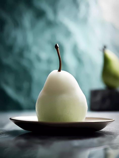 A pear on a plate with a green pear on it.