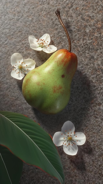 A pear sits on a table with flowers on it.