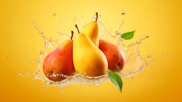 Pear splash composition with three pears and juice around on yellow background