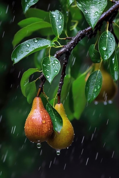 A pear tree with rain drops on it