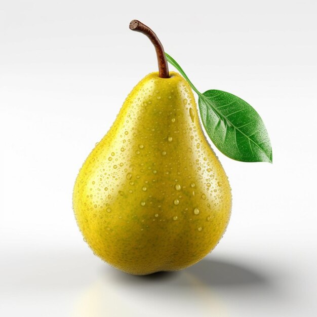 A pear with a green leaf on it