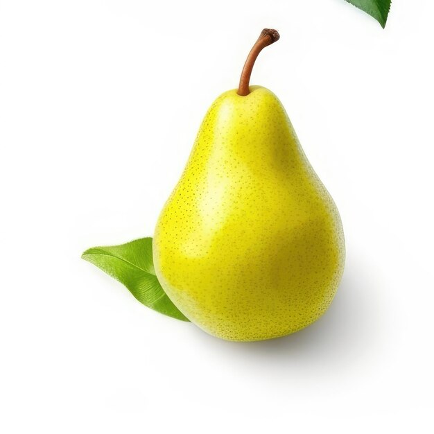 A pear with a green leaf that says " pear " on it.