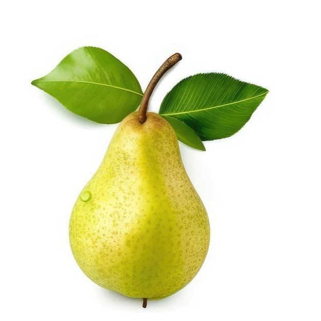 A pear with a green leaf that says pear on it.