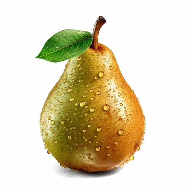 A pear with a green leaf