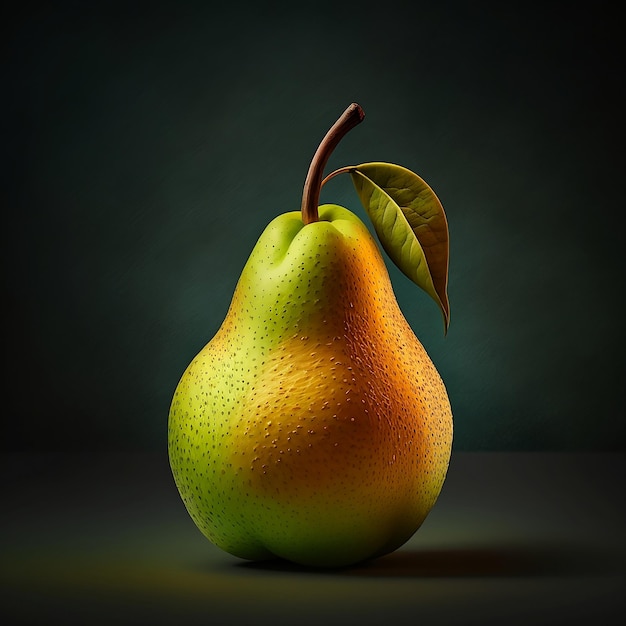 A pear with green leaves and a green pear with the word pear on it.