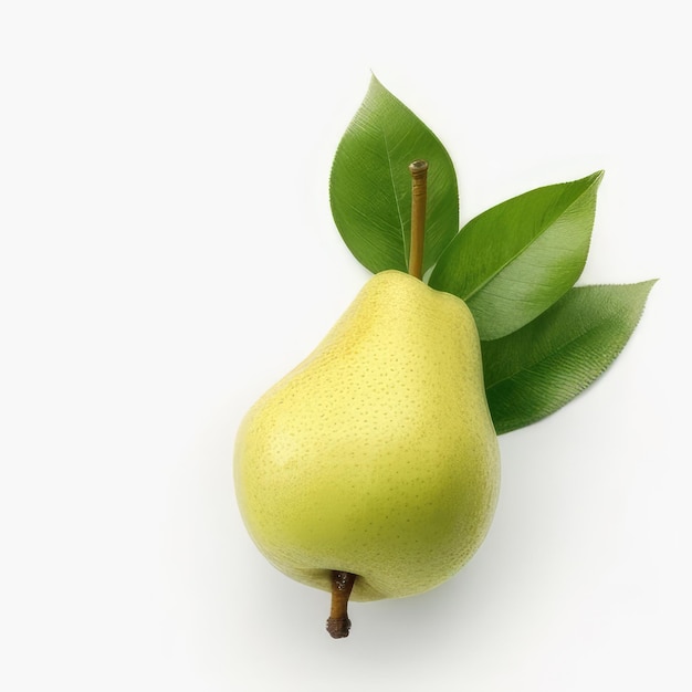 A pear with green leaves and a leaf that says pear.