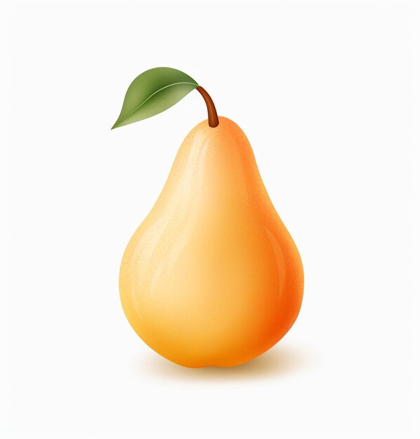 A pear with a leaf on it is shown