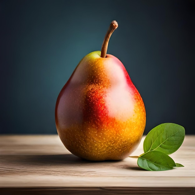 A pear with a leaf on it sits on a table