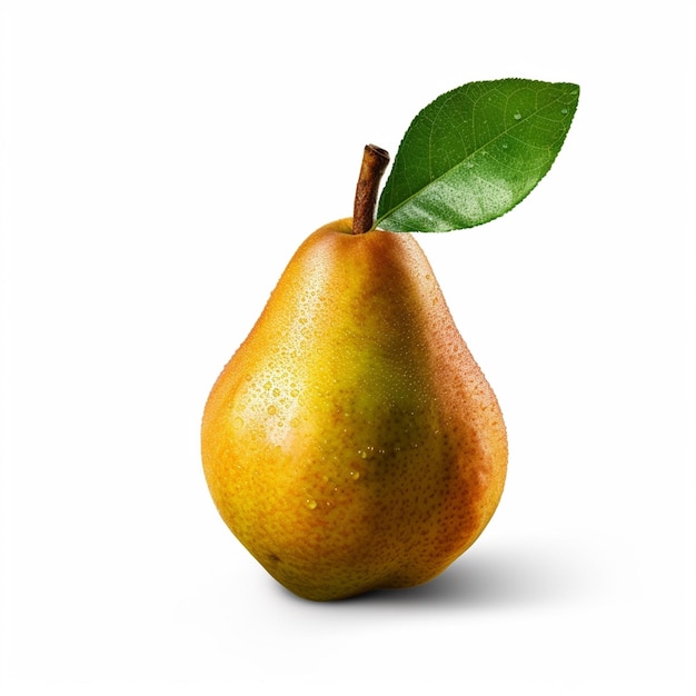 A pear with a leaf on it