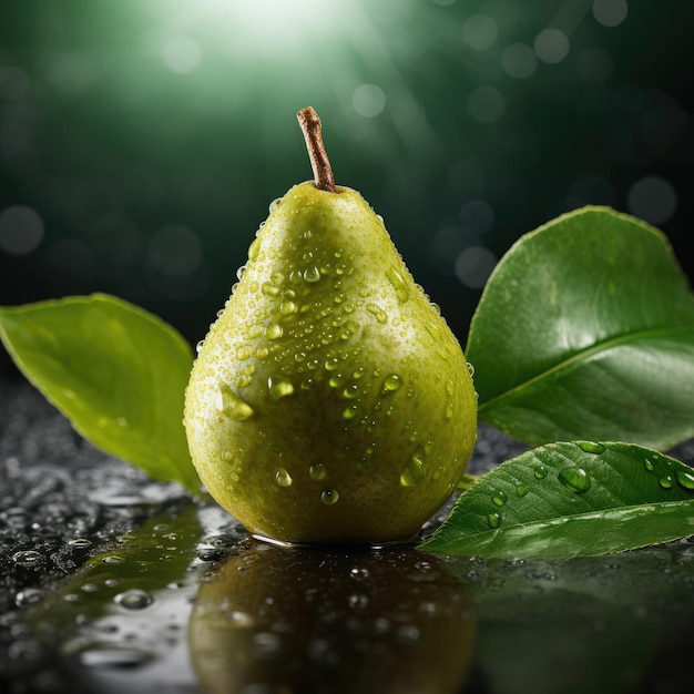 A pear with leaves on it and the word pear on the bottom right.