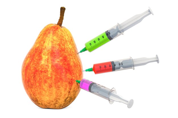 Pear with a syringes full of chemicals Genetic Food Modification concept 3D rendering