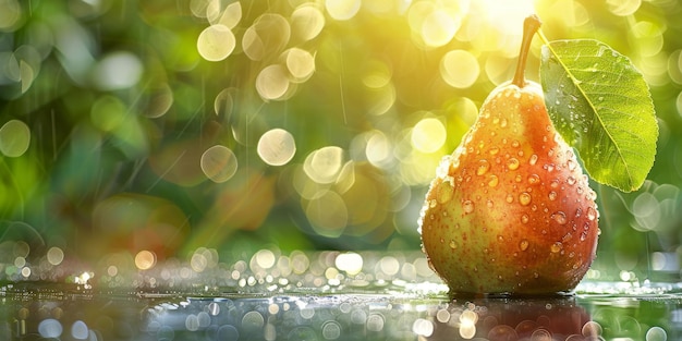 Photo pear with water droplets and bokeh