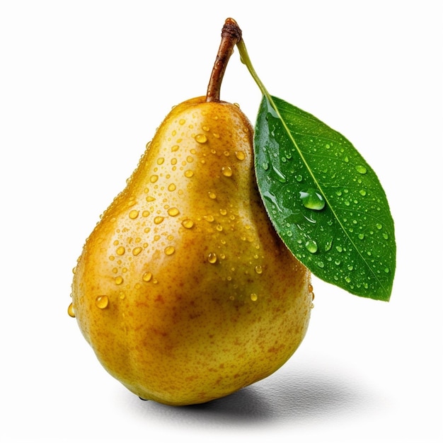 A pear with water droplets on it and a green leaf.