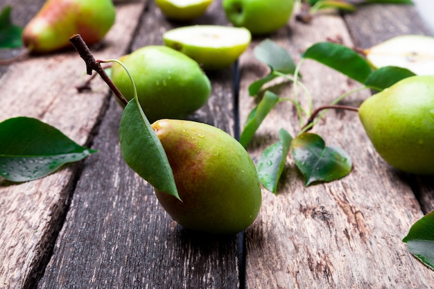 Pear on wooden rustic surface