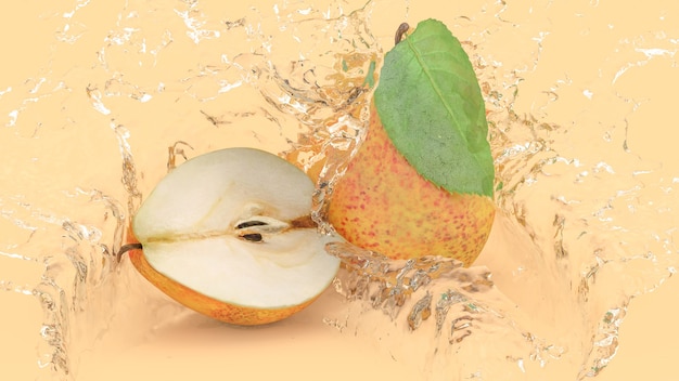 Pear on yellow background in splashes of water, 3d illustration