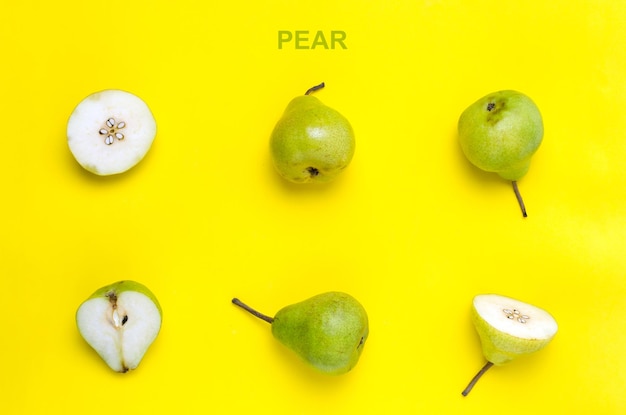 Pear on yellow backgroundFruit ripe and healthyWith space for text