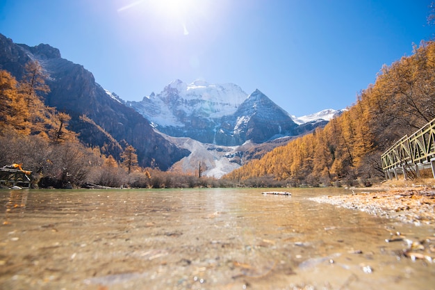 Pearl lake with snow mountain  in yading nature reserve, Sichuan, China.