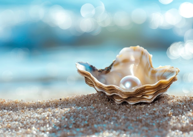 A pearl in an open oyster on the beach