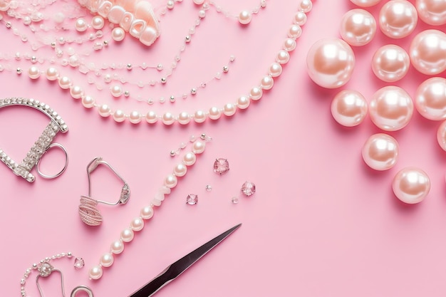 Pearl Perfection Een boeiende flatlay van essentiële sieraden op een delicaat roze canvas