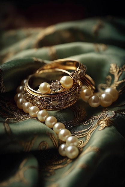 A pearl ring and pearl bracelet are on a green cloth