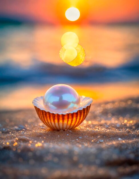 Photo pearl in a shell on the seashore selective focus