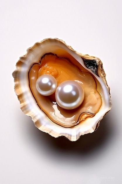 Pearls in open oyster on white background